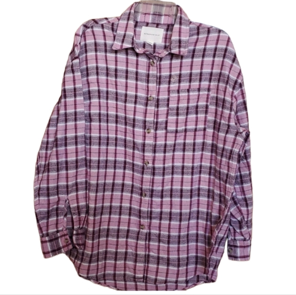 Aeropostale NWT Long Sleeve Plaid Pink Flannel Buttondown Dad Shirt Size Small
